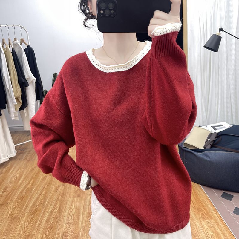 秋冬花边领加厚拼色针织衫女减龄宽松上衣2025新款圆领打底衫毛衣|undefined
