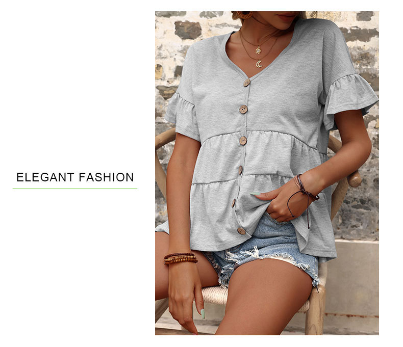 Solid Color Pullover Loose V-neck Ruffled Short-sleeved T-shirt_voghion.com