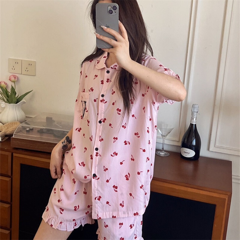 Summer Pajamas for Women, Short-Sleeved Shorts, Doll Collar, Cherry Bow, Loose, Simple, Casual, Women's Home Wear Set Summer Pajamas for Women, Short-Sleeved Shorts, Doll Collar, Cherry Bow, Loose, Simple, Casual, Women's Home Wear Set