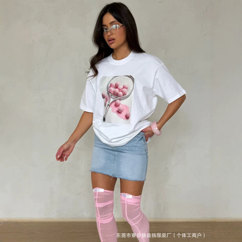 100% Pure Cotton Short-Sleeved T-Shirt American Style 2026 Casual Sweet Sporty Tennis Racket Comfortable Cute Top
