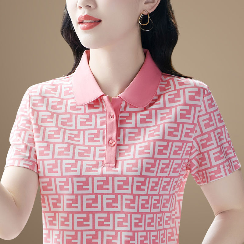 Western-Style Mom Lapel Short-Sleeved T-Shirt for Women Summer Cross-Border New Loose Slimming Look Polo Shirt Women's Printed Top