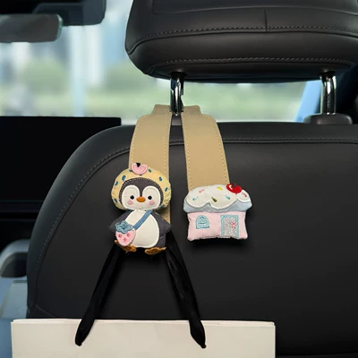 hook, cartoon storage hook for car: Sürətlər qutusu və əl tormozu başlıqları - cute-penguin-pink-house-beige-double-hook-1-piece