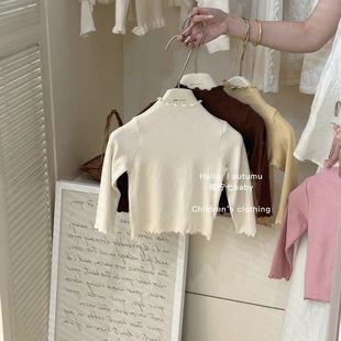 Spring and Autumn Women's Children's Wear T-shirt Baby's Western Style Children's Distinctive Trendy Korean-style Wood-ear Edge Solid Color Inner Wearing Outer Wearing Base Shirt