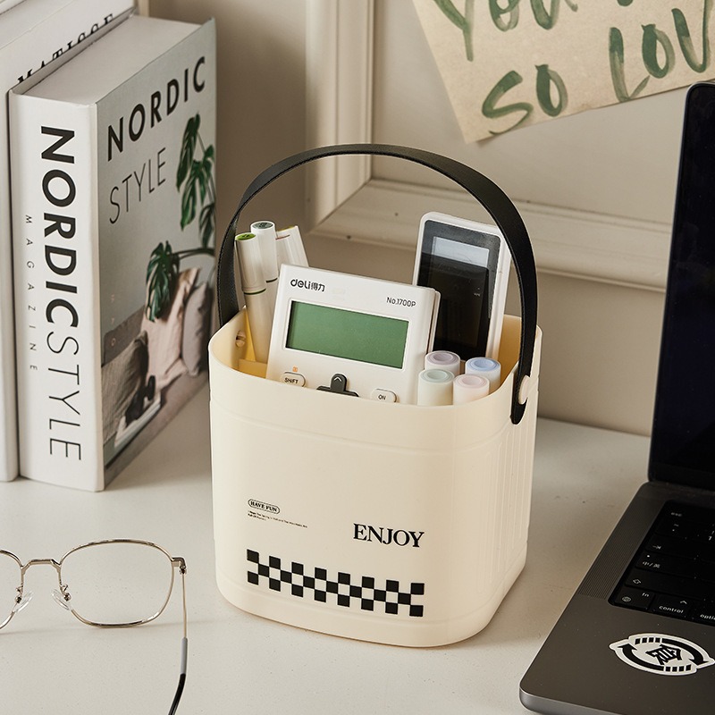 High-looking Desktop Office Storage Bucket Japanese Retro Portable Storage Bucket Home Cream Style Storage Box