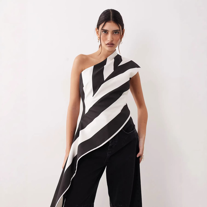American Retro Striped Chiffon Shirt for Women, Summer Fashion Design, Stylish One-Shoulder Top with Asymmetrical Pleats American Retro Striped Chiffon Shirt for Women, Summer Fashion Design, Stylish One-Shoulder Top with Asymmetrical Pleats
