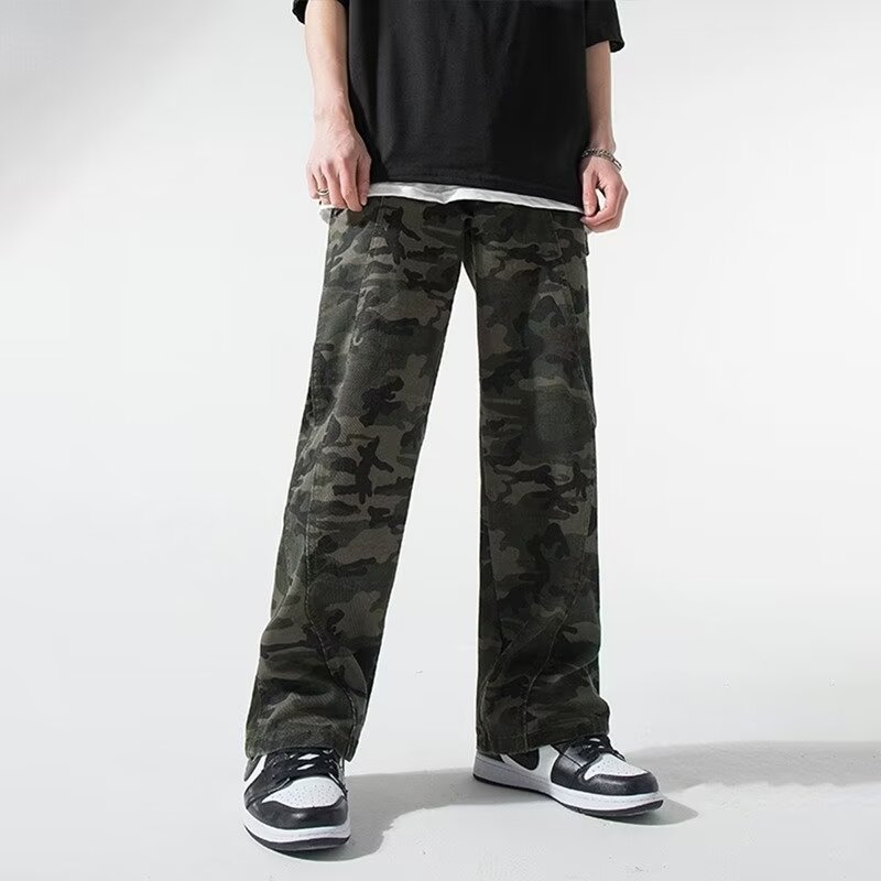 2024 jeans de camuflaje de peso pesado americano para hombres y mujeres, monos rectos de primavera, pantalones casuales de trapeador de piernas anchas, marea