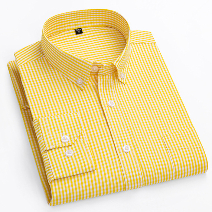 Camisa de manga larga para jóvenes de moda a cuadros pequeños totalmente de algodón, camisa informal ajustada de cuadros pequeños con cuello vuelto urbano de negocios