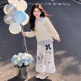 春秋季女童宽松时尚花边阔腿裤学院风洋气假两件长袖卫衣两件套装
