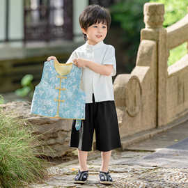 汉服男童夏套装2026新款儿童国风马甲短袖T恤短裤3件套新中式唐装