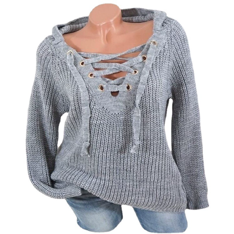 Demi-Season Knit Sweater (Women) Lace-Up V-Neck Hooded, Chunky Knit European Style