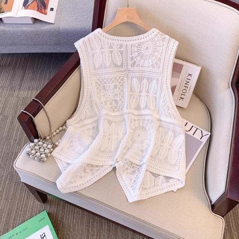 La Chapelle V Neck Crocheted Cut Out Vest Women's Summer New Style Belly-Covering Slimming Look Sleeveless Cardigan Top