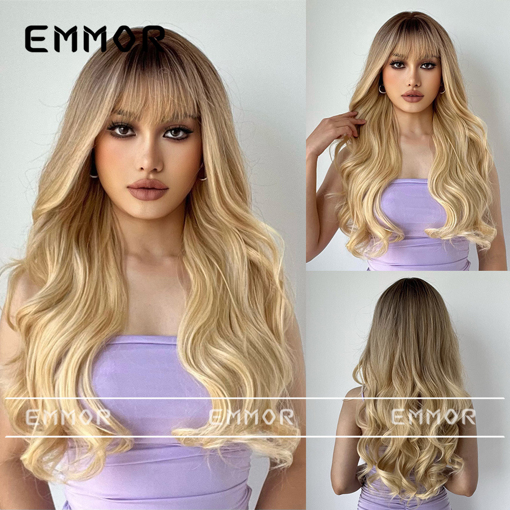 Cubierta de cabeza completa de comercio exterior transfronterizo europeo y americano Negro Gradiente Dorado Bangs largo pelo rizado Peluca de onda grande para las mujeres