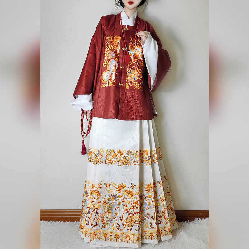 Ming Dynasty Hanfu【Xi Lion Playing with Ball】Ming Dynasty Hanfu Women's Square Collar Short Jacket Half-Sleeve Daily Wear Mamian Skirt Set Ming Dynasty Hanfu【Xi Lion Playing with Ball】Ming Dynasty Hanfu Women's Square Collar Short Jacket Half-Sleeve Daily Wear Mamian Skirt Set