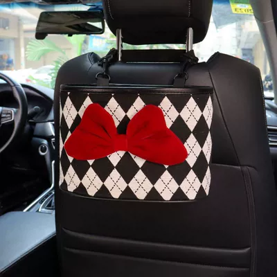 Car trash can car Car storage bag/box - red-bowknot-rhombus-chair-back-storage-bucket