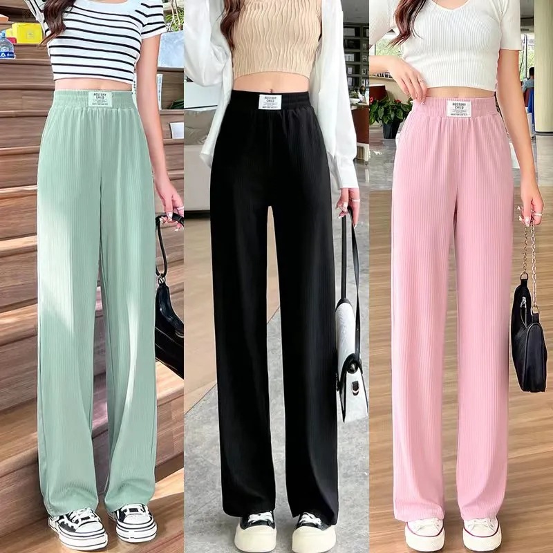 High-Waisted Ice Silk Wide-Leg Pants for Women, New Summer High-Waisted Drape Pants, Slimming Look Sunscreen Straight Pants, Casual Pants for Small People