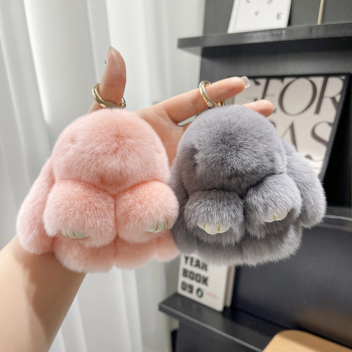 Genuine Cute Rex Rabbit Fur Doll Rabbit Car Keychain Pendant Mini Bag Plush Decorated Death Pendant Rabbit