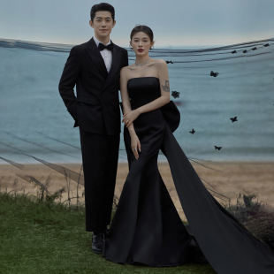 Black fishtail light wedding dress bow Hepburn style bow tail studio theme couple photography evening dress for women