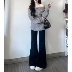 韩系灰色一字肩套头针织上衣女早秋新款高腰黑色喇叭裤子两件套装
