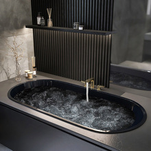 黑色嵌入式瀑布浴缸 家装臭氧消毒智能洗澡浴盆 民宿恒温按摩浴缸