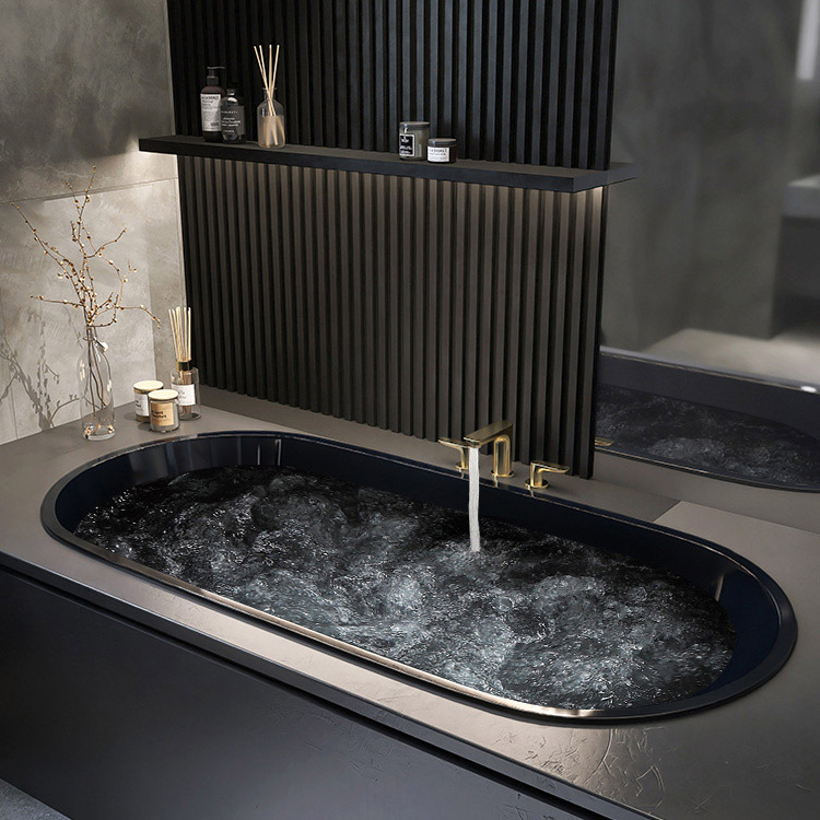 黑色嵌入式瀑布浴缸 家装臭氧消毒智能洗澡浴盆 民宿恒温按摩浴缸