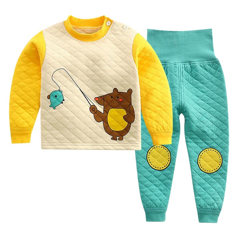 Traje de ropa interior térmica de algodón de invierno para niños de tres capas acolchado bebé cintura alta protección del vientre forrado de lana engrosada ropa de otoño pantalones largos