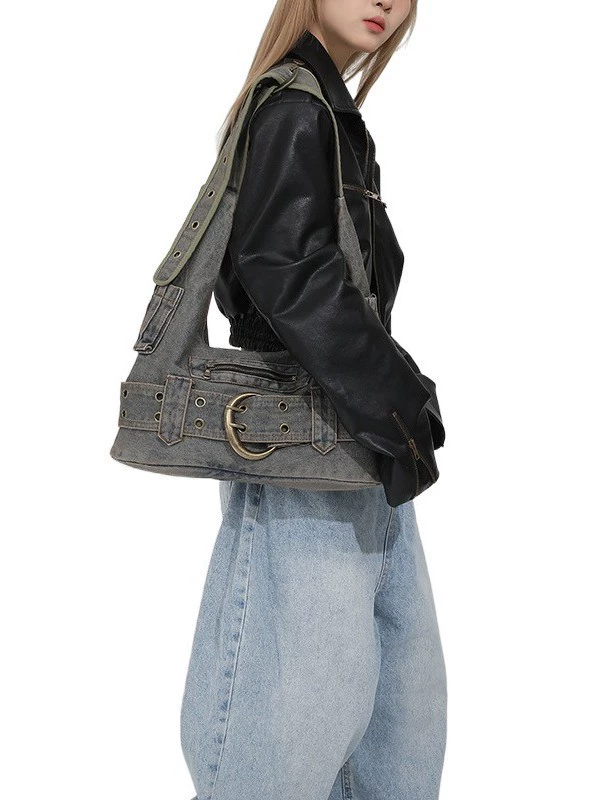 Denim Underarm One-Shoulder Bag, Spacious Washed Blue, Adjustable Strap