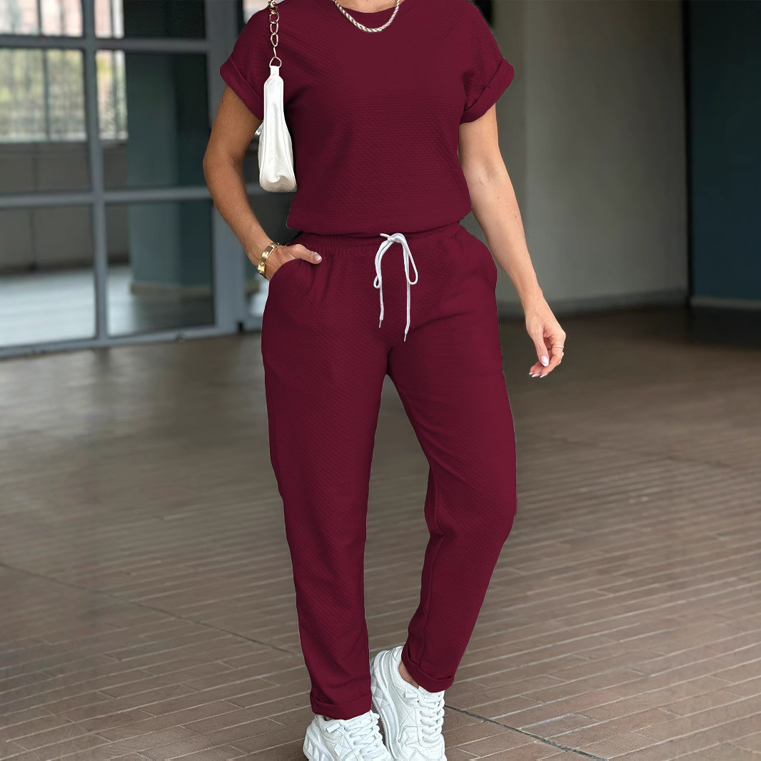 Spring Summer Women's Solid Color Sports Suit Casual Comfortable Style High Waisted Drawstring Top Versatile Short Sleeve_ecoleips.com