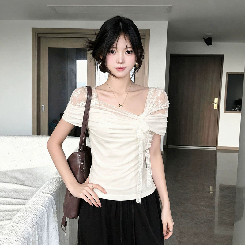 Lace off-shoulder short-sleeve t-shirt for women, summer bow-tie strap slim-fit sexy top for petite girls Lace off-shoulder short-sleeve t-shirt for women, summer bow-tie strap slim-fit sexy top for petite girls