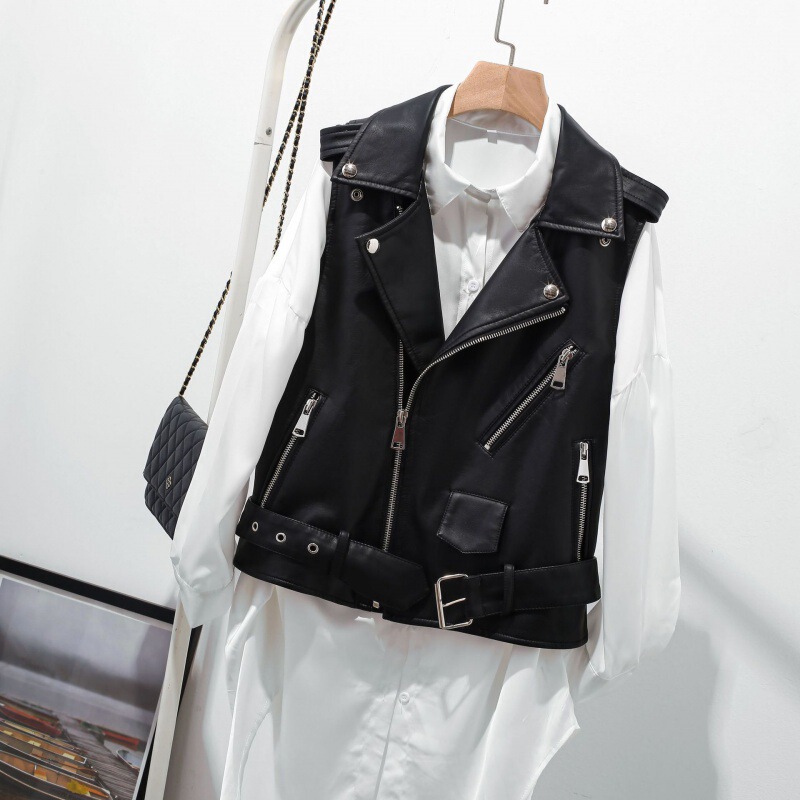 2024 Spring and Autumn New Women's Leather Vest Short Sleeveless Korean Style Pu Waistcoat Small Belt Leather Jacket Women's Vest