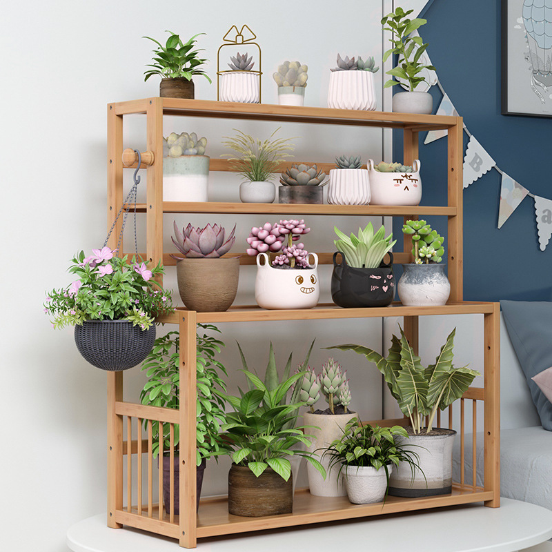 Simple Desktop Living Room Flower Stand Bookshelf Home Office Storage Rack Kitchen Storage Rack Bamboo Layered Rack Wooden Frame