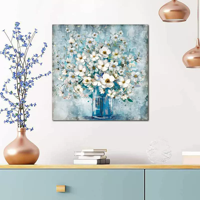 亚马逊热销蓝花瓶白花帆布画客厅餐厅浴室墙壁装饰画芯内框挂画