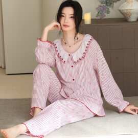 春秋新款纯棉纱布女长袖长裤开衫翻领睡衣甜美休闲女家居服