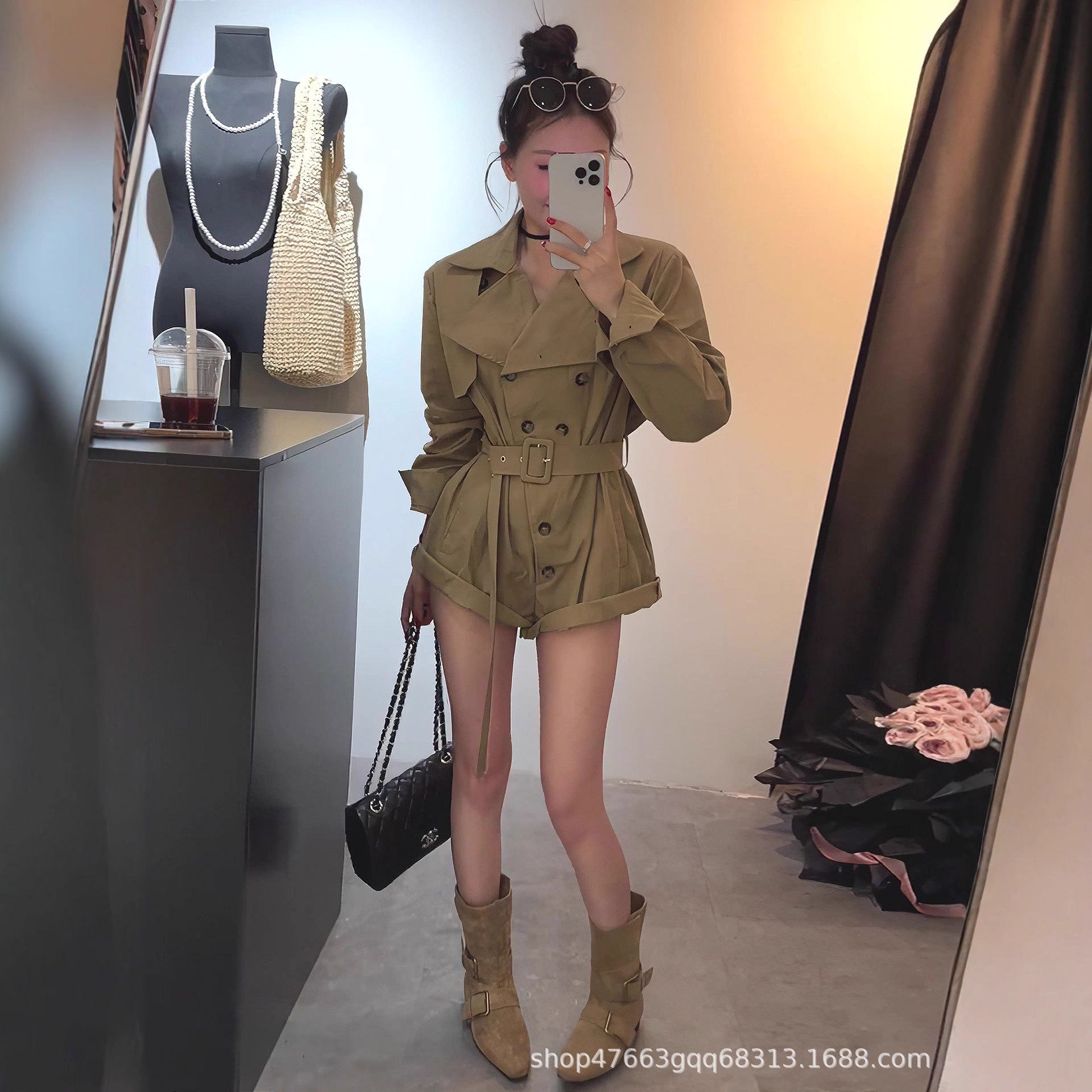韩版小个子辣妹翻领长袖风衣连体短裤女早秋通勤显瘦百搭修身上衣