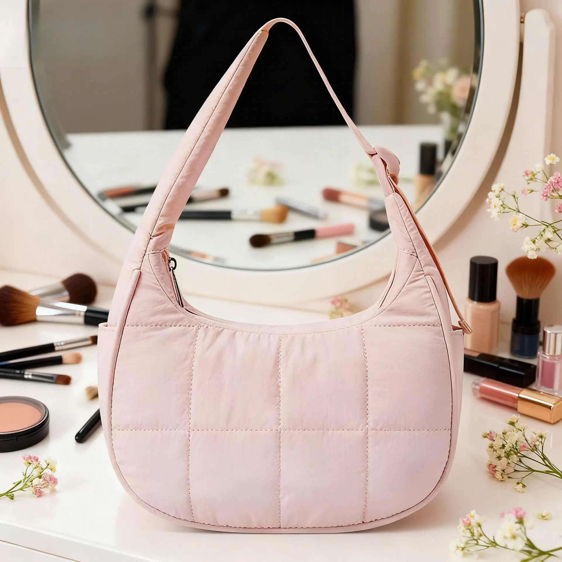 新款时尚女士小号羽绒包单肩包尼龙单肩钱包和手提包带可调节肩带