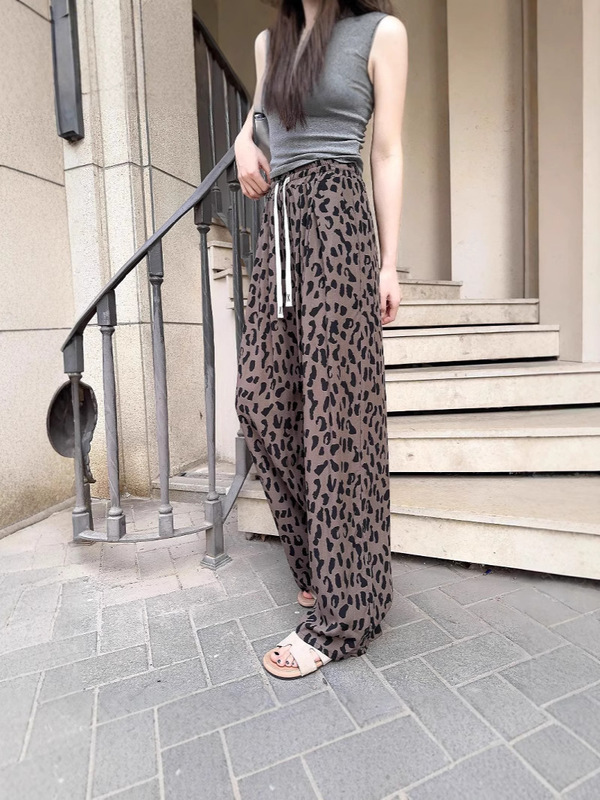 ハイエンドプリントハイウエスト薄い綿シルクワイドレッグパンツ女性の夏のドレープストレートルーズウエスト人工綿カジュアルパンツ|undefined