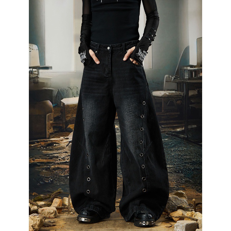 Darkwear Herren-Jeans mit Metallring im Used-Look – Avantgardistisches Design mit Hohlsaum, lässige, weite Cropped-Silhouette (Schwarz, S-XXXL)_voghion.com
