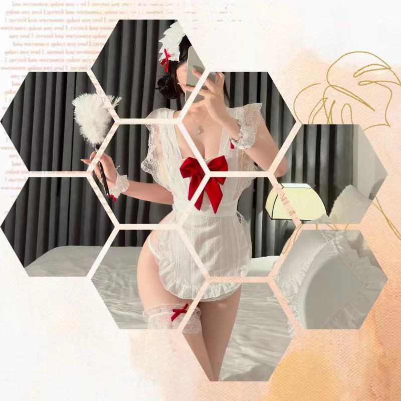 Maid Roleplay Lingerie Set with Lace Apron and White Open-toe Stockings, One Size — detail image 5