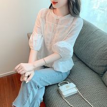 雪纺衬衫短袖女装2025年春夏新款洋气灯笼袖衬衣蕾丝花边上衣