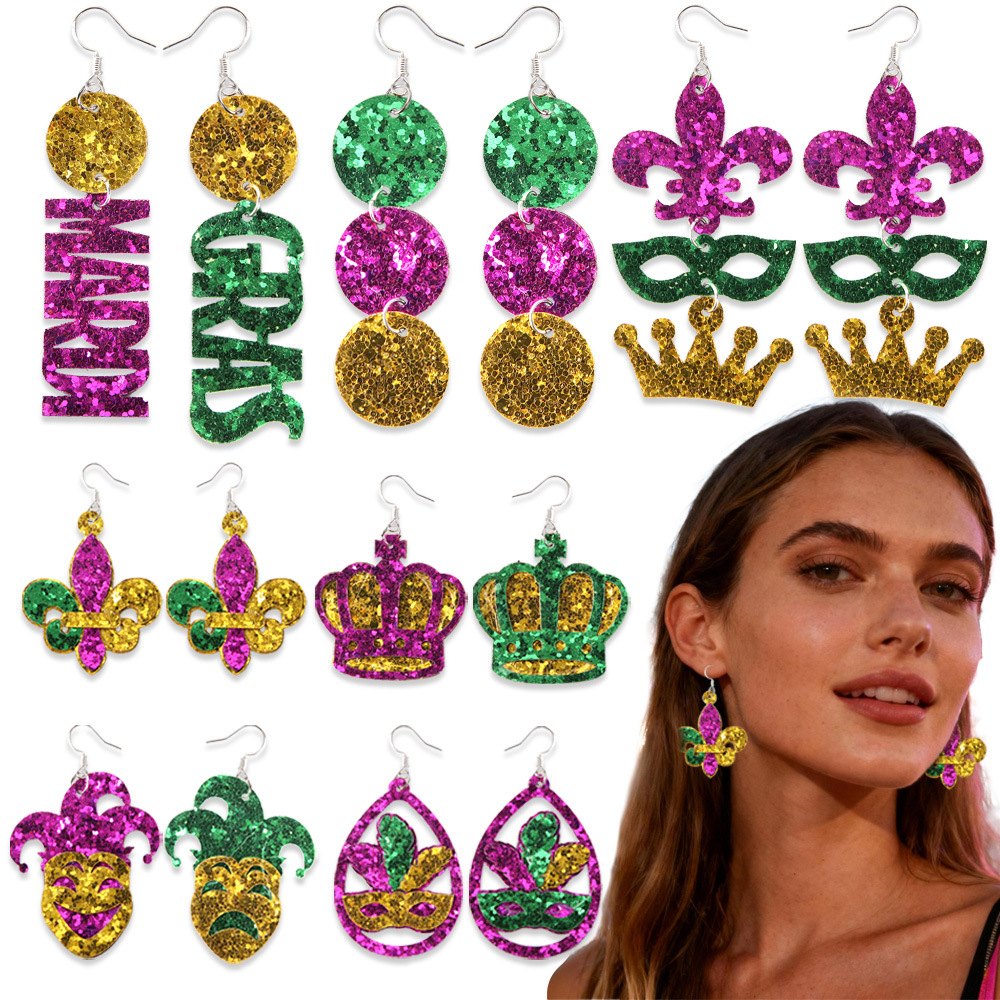 Carnaval de doble cara pendientes de sequillas máscara de oro roxo verde iris adornos de orejas pendientes de letras de Mardi Gras joyas