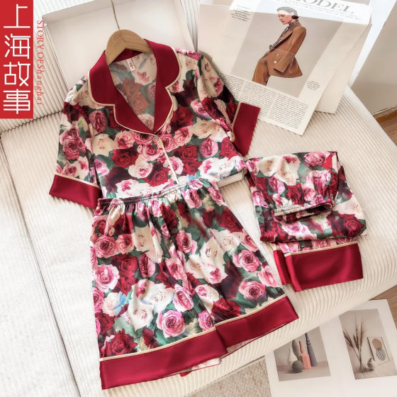 Shanghai Story Online Red Pajamas Ice Silk Short-sleeved Trousers Summer Comfortable Breathable Home Clothes Silk-like Thin Style