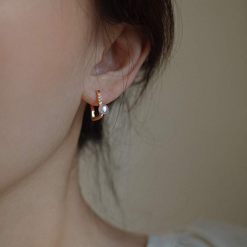 Retro square brand fashionable earrings pearl with zircon