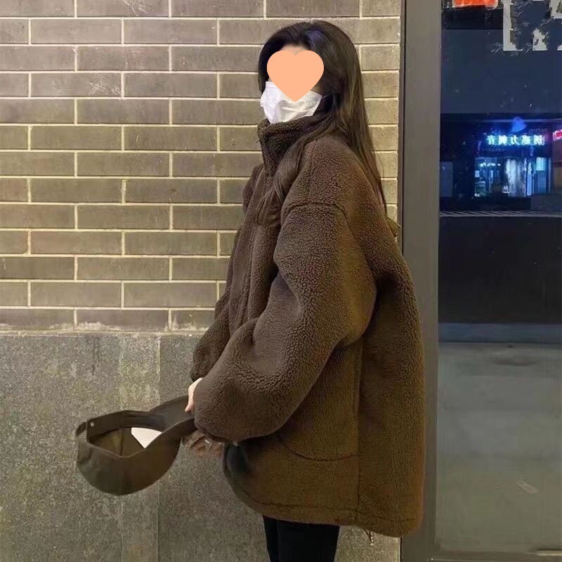 大码女装羊羔绒毛外套女秋冬季感外套加厚设计感小众上衣棕色|undefined