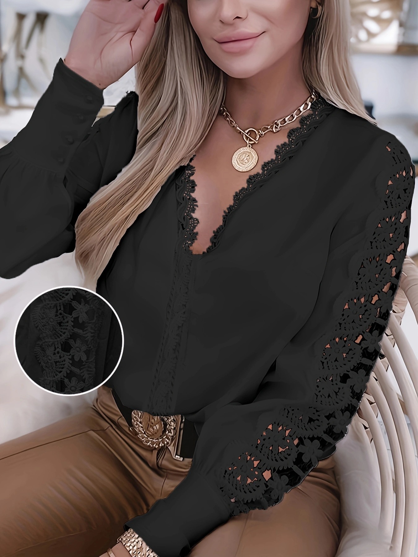 2021 AliExpress deseo Amazon popular Otoño e Invierno de manga larga con cuello en V encaje costura camisa ropa de mujer