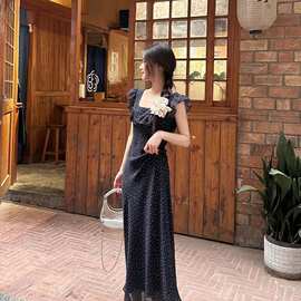 欧美跨境亚马逊法式茶歇波点连衣裙女夏季系带收腰小飞袖碎花长裙