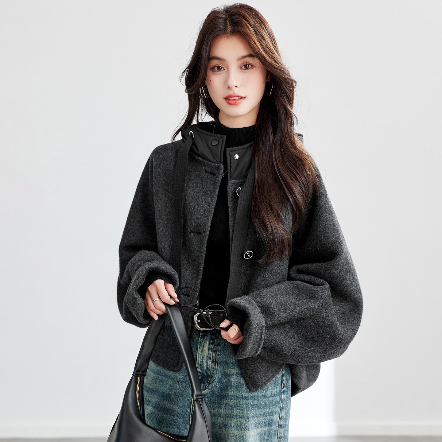 Double-Sided Woolen Coat for Women 2026 Spring Collection Batwing Sleeve Hooded Short Coat Woolen Overcoat Elegant and Stylish