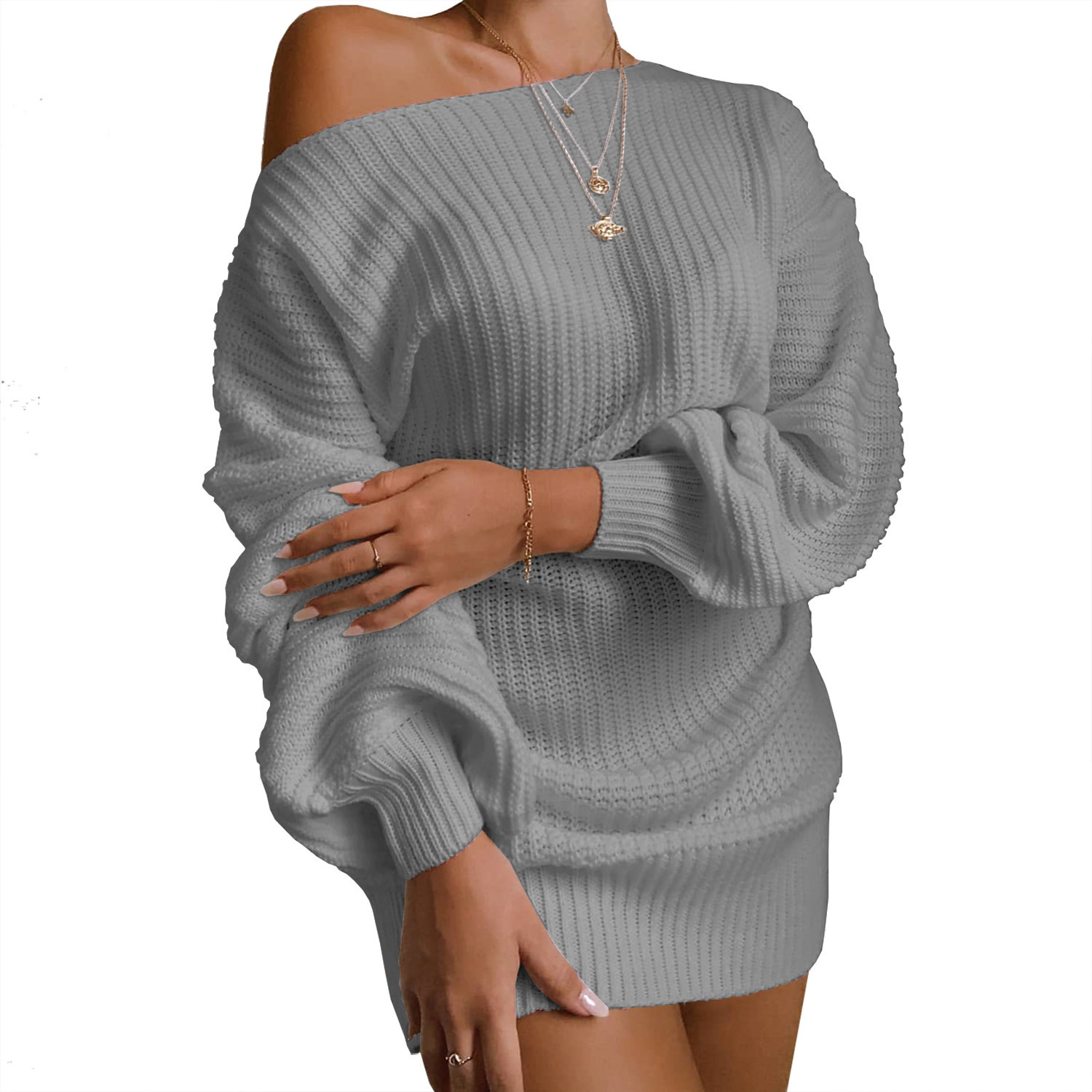 Suéter transfronterizo Otoño/Invierno 2026, éxito de ventas en Amazon, estilo europeo y americano, informal, con hombros descubiertos, manga farol, vestido de punto. image 10
