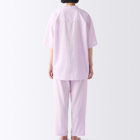 Wuyin Spring and Summer 60 Cotton Double-layer Yarn Pajamas Women's Half Sleeve Trousers Without Side Seam Home Wear Thin