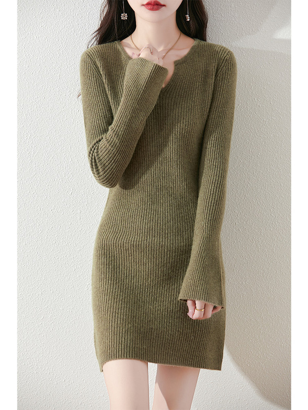 Autumn and Winter New Mid-length Pure Wool V-neck Sweater dress Women's Slim-fit Base Skirt Slimming Skirt