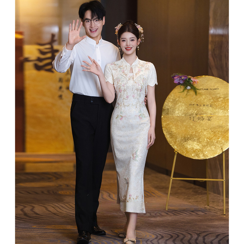旗袍晚礼服女2025新款新中式订婚连衣裙流苏披肩平时可穿回门便装|undefined
