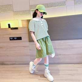 女童夏装套装2025新款儿童娃娃领短袖洋气童装女孩夏款条纹两件套